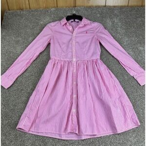 Polo Ralph Lauren Girls Shirt Dress Pink White  Size 14 Long Sleeve Button Front